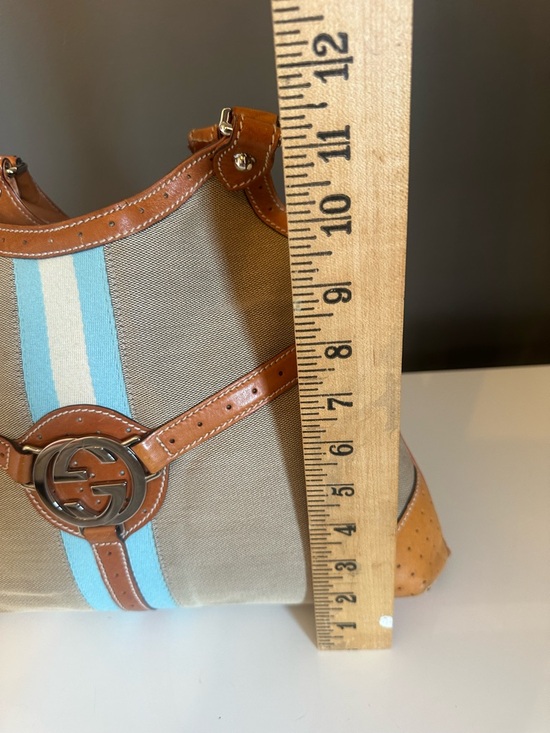 GUCCI GG Rains Hobo Canvas Leather Beige Blue Stripe Jackie Silver Hardware Rein - Picture 8 of 12